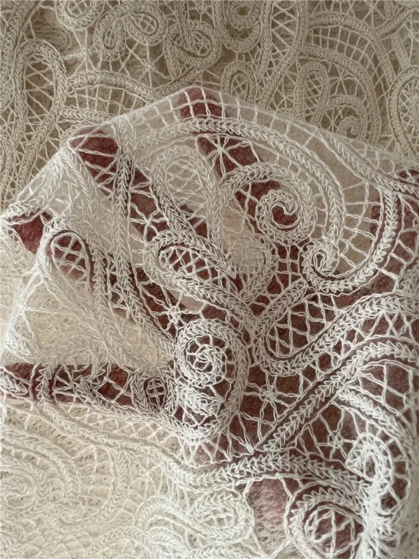 1 Yard × 130cm Floral Embroidered Lace Mesh Fabric – Cotton Thread Wedding Dress Fabric