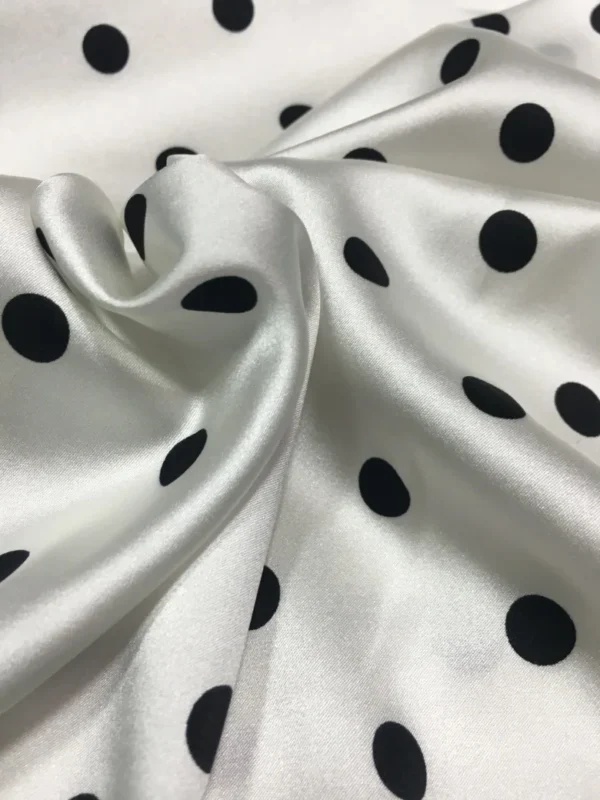 S0a0cfa2016ad4f7a9ea4fd31bb2e1a017.webp 0.5m × 114cm White Polka Dot Stretch Satin Fabric – Black Dot Silk Fabric for Dresses
