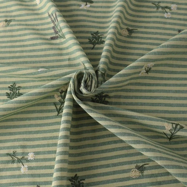50 × 145cm Green Embroidered Striped Cotton Linen Fabric – Sewing Fabric for Dresses & Shirts