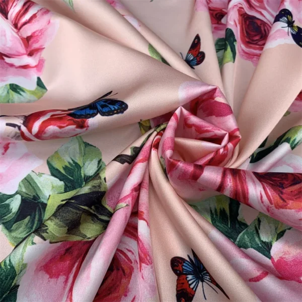 S35d78b0228964997ae169b555a4a52a9m.webp 100 × 145cm Rose Butterfly Stretch Satin Fabric – Printed Sewing Fabric for Dresses