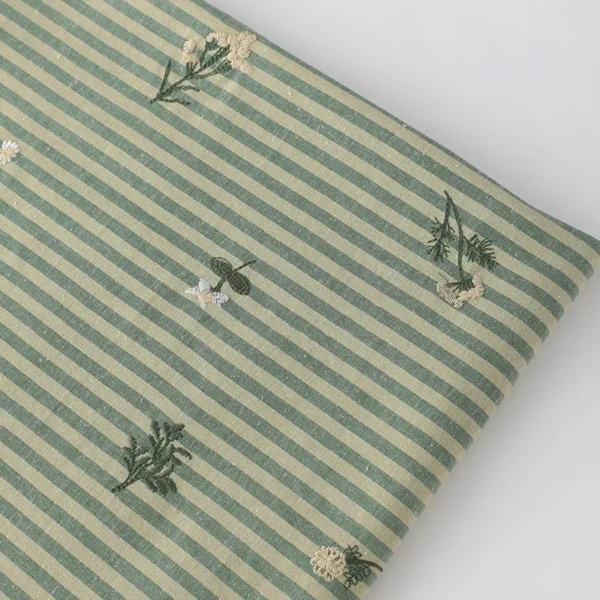 50 × 145cm Green Embroidered Striped Cotton Linen Fabric – Sewing Fabric for Dresses & Shirts