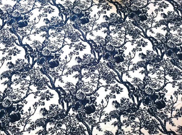 1m × 1.4m Blue & White Tree Print Cotton Linen Fabric – Natural Upholstery & Sewing Fabric