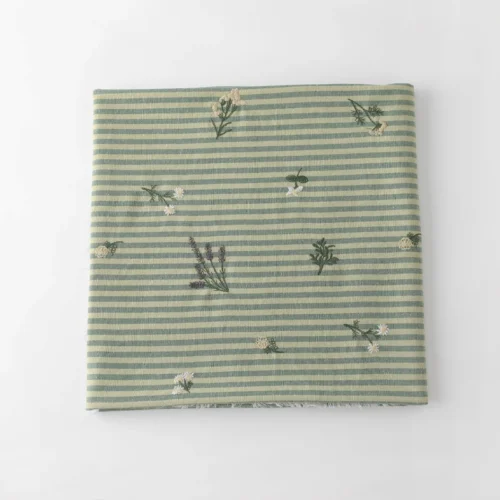 50 × 145cm Green Embroidered Striped Cotton Linen Fabric – Sewing Fabric for Dresses & Shirts