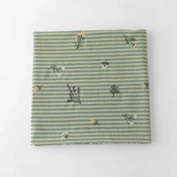 50 × 145cm Green Embroidered Striped Cotton Linen Fabric – Sewing Fabric for Dresses & Shirts
