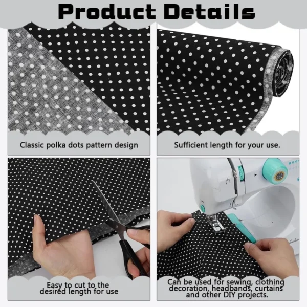1.09 Yard Black & White Polka Dot Cotton Fabric – 62in Wide Printed Sewing Fabric