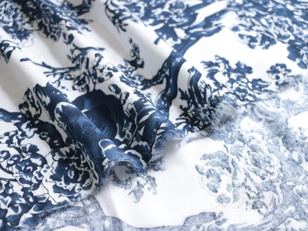 1m × 1.4m Blue & White Tree Print Cotton Linen Fabric – Natural Upholstery & Sewing Fabric
