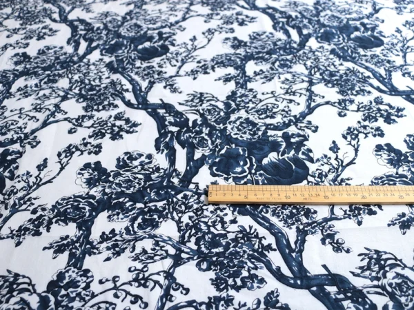1m × 1.4m Blue & White Tree Print Cotton Linen Fabric – Natural Upholstery & Sewing Fabric