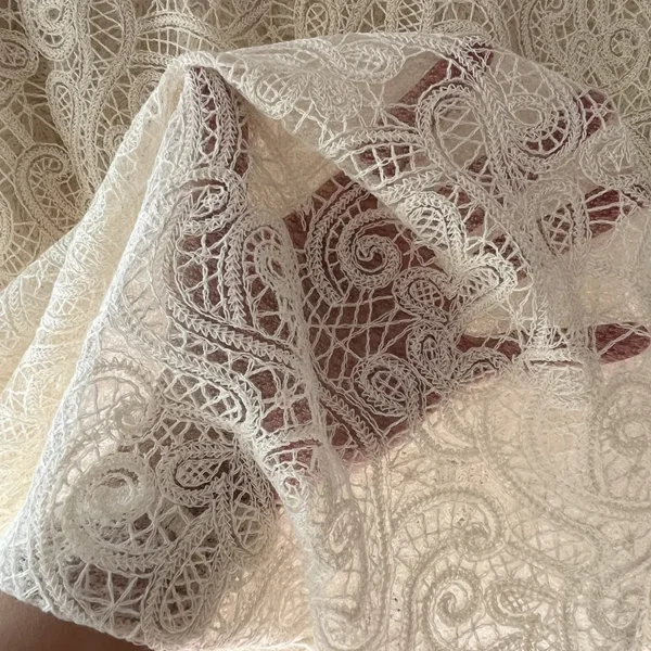 1 Yard × 130cm Floral Embroidered Lace Mesh Fabric – Cotton Thread Wedding Dress Fabric