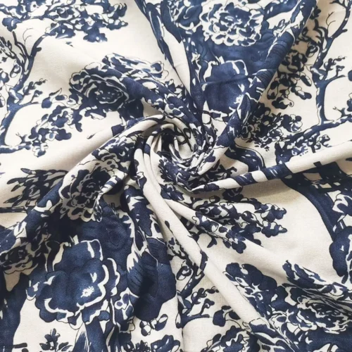 1m × 1.4m Blue & White Tree Print Cotton Linen Fabric – Natural Upholstery & Sewing Fabric