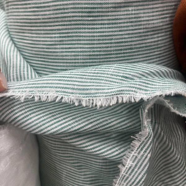 White & Green Yarn-Dyed Striped Linen Fabric – Lightweight Sewing Fabric for Shirts & Dresses