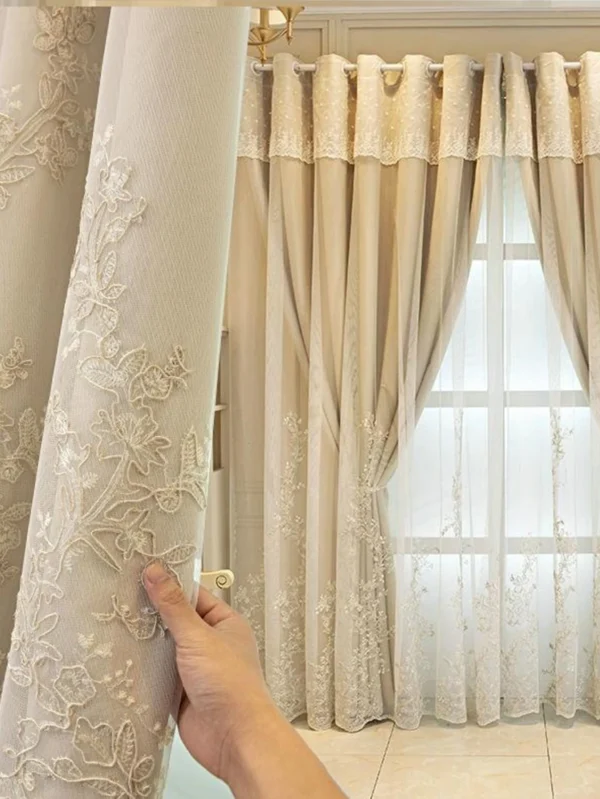 180 × 233cm Elegant Double Layer Blackout Curtain – Embroidered Sheer Window Drape (1 Panel)