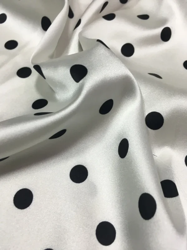 Sf6db6bacbca5460f9be34b737d3e152f9.webp 0.5m × 114cm White Polka Dot Stretch Satin Fabric – Black Dot Silk Fabric for Dresses